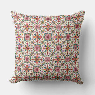 Coussin Motif floral boho en rouge, rose et sarcelle