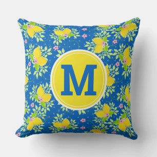 Coussin Motif floral de citrons bleus et jaunes ensoleillé