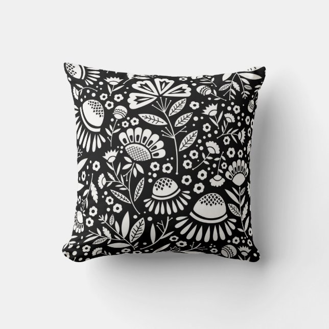 Coussin Motif floral de jardin géométrique en noir et (Recto)