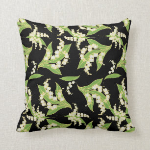 Coussin Motif floral de Lis-de-le-Vallée sur le noir