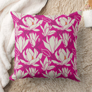 Coussin Motif floral de magnolia en fuchsia