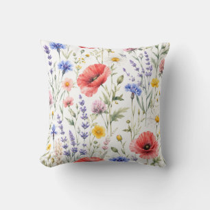 Coussin Motif floral de prairie de fleurs sauvages à l'aqu