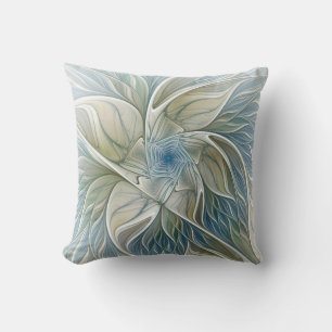 Coussin Motif floral de rêve abstrait bleu kaki fractal