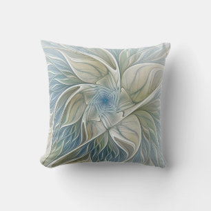 Coussin Motif floral de rêve abstrait bleu kaki fractal