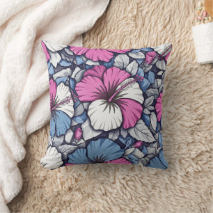 Coussin Motif floral d'Hibiscus Bleu Élégant (1)