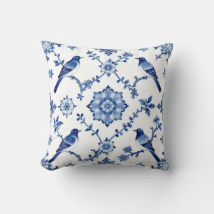 Coussin Motif floral d'oiseaux en chinoiserie bleue