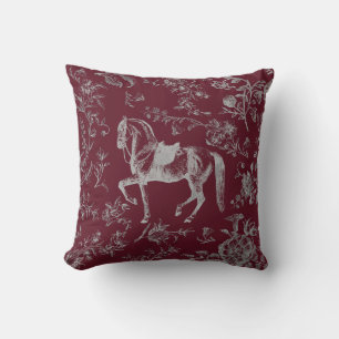 Coussin Motif floral élégant vintage bordeaux gris cheval