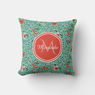 Coussin Motif floral en Monogramme Turquoise et orange et 