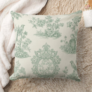 Coussin Motif floral et oiseaux toile vert menthe