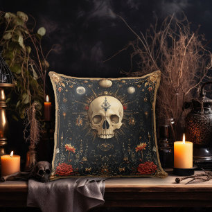 Coussin Motif floral foncé et crâne