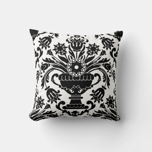 Coussin Motif floral noir et blanc Damas Élégant (Recto)