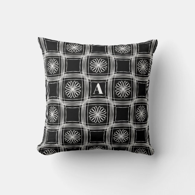 Coussin Motif floral noir et blanc moderne Monogramme (Recto)