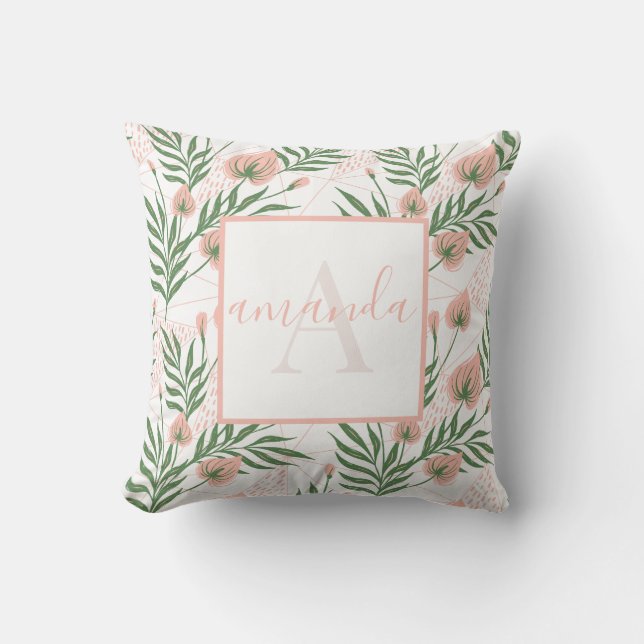 Coussin Motif floral pastel rose vert avec nom brodé (Recto)