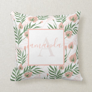 Coussin Motif floral pastel rose vert avec nom brodé