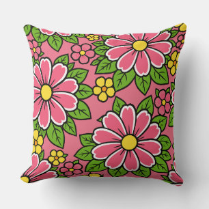 Coussin Motif floral rose et jaune avec feuilles vertes