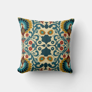 Coussin Motif floral sarcelle, orange et jaune