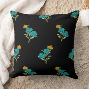 Coussin Motif floral Turquoise Coral vert sur noir