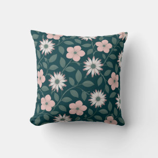 Coussin Motif floral vert foncé avec fleur rose et blanche