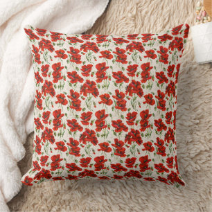 Coussin Motif floral vintage rouge coquelicot Art botaniqu