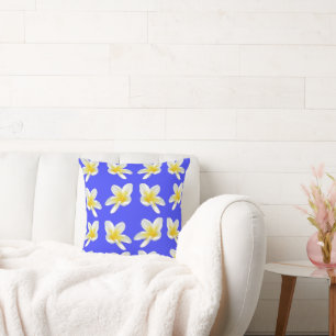 Coussin Motif Frangipani Bleu Et Jaune,