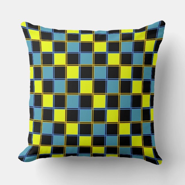 Coussin Motif géométrique à damiers bleu jaune (Recto)