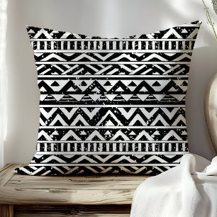 Coussin Motif géométrique aztèque tribal noir et blanc
