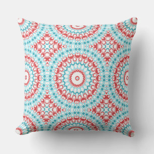 Coussin Motif géométrique de mandala rouge et aqua
