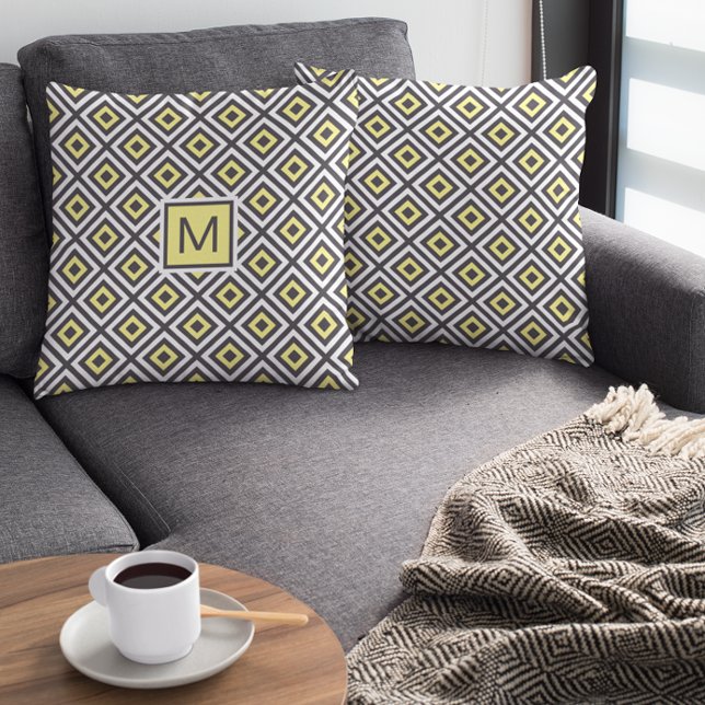 Coussin Motif géométrique gris jaune Monogramme (Créateur téléchargé)