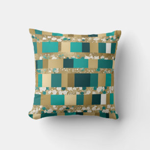 Coussin Motif géométrique vert sarcelle et or avec fleurs