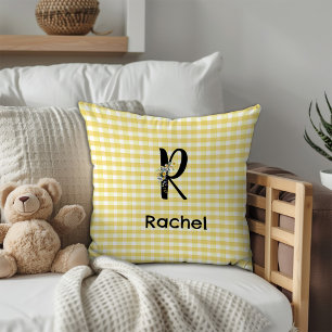 Coussin Motif gingham à fleurs aquarelle avec initiale de