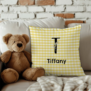 Coussin Motif gingham à fleurs aquarelle avec initiale de 