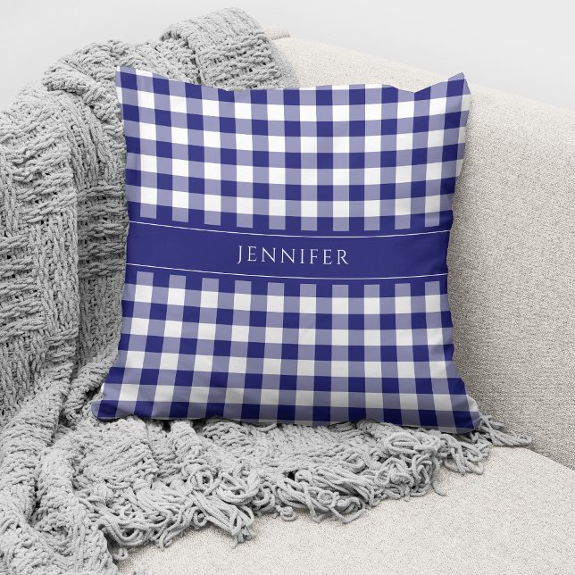 Coussin Motif Gingham Bleu et Blanc Rustique Nom  (Créateur téléchargé)