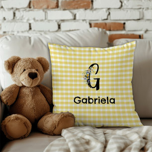 Coussin Motif gingham fleur aquarelle initiale de monogram
