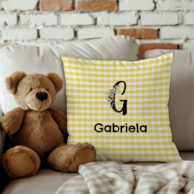 Coussin Motif gingham fleur aquarelle initiale de monogram (Créateur téléchargé)