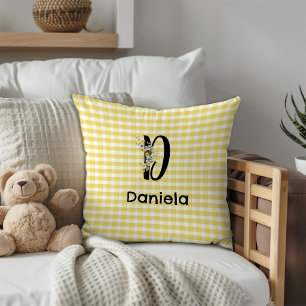 Coussin Motif gingham fleur aquarelle initiale monogramme
