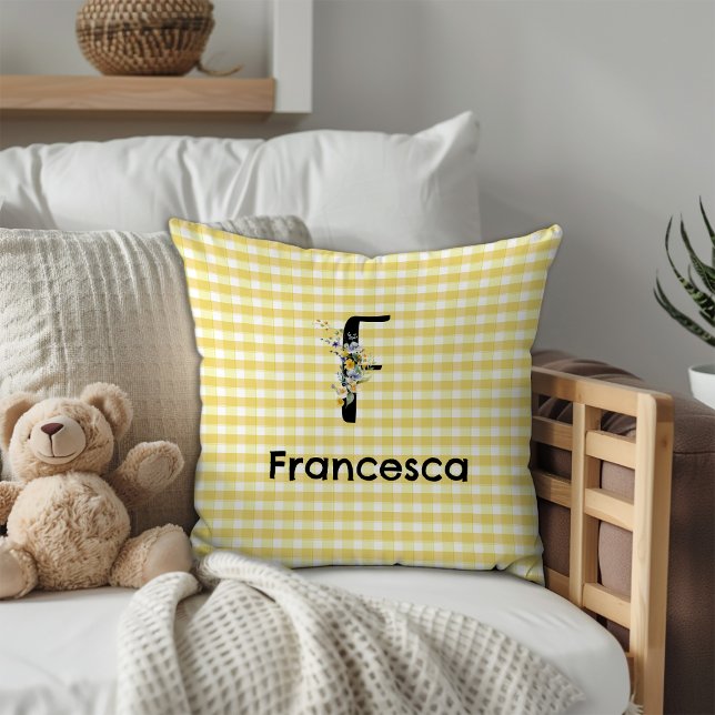 Coussin Motif gingham fleur aquarelle initiale monogramme (Créateur téléchargé)