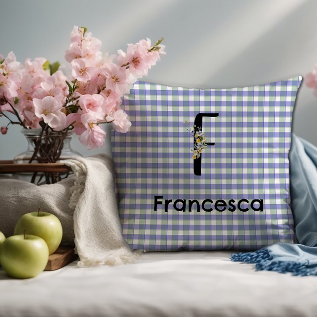 Coussin Motif gingham fleur monogramme bleu vert (Créateur téléchargé)