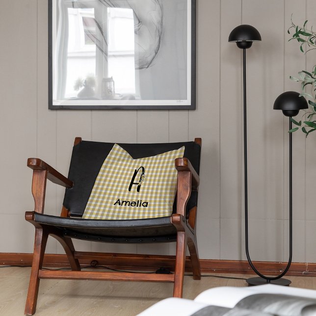 Coussin Motif gingham fleur monogramme jaune gris (Créateur téléchargé)