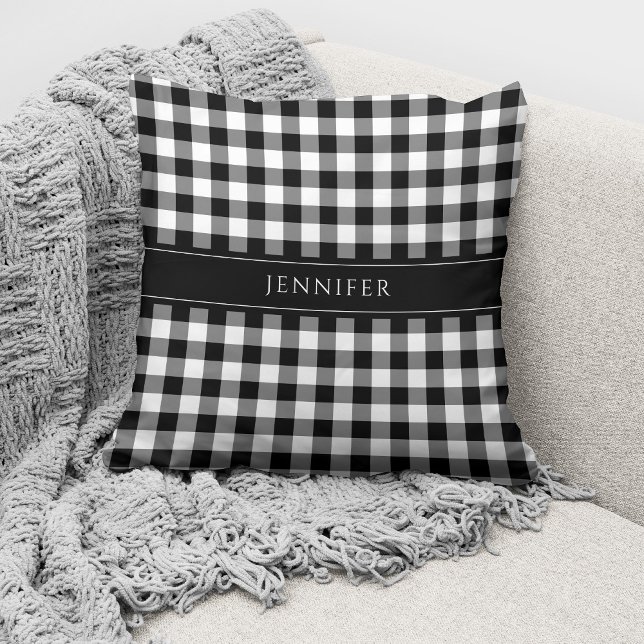 Coussin Motif Gingham Noir & Blanc Rustique Nom (Créateur téléchargé)