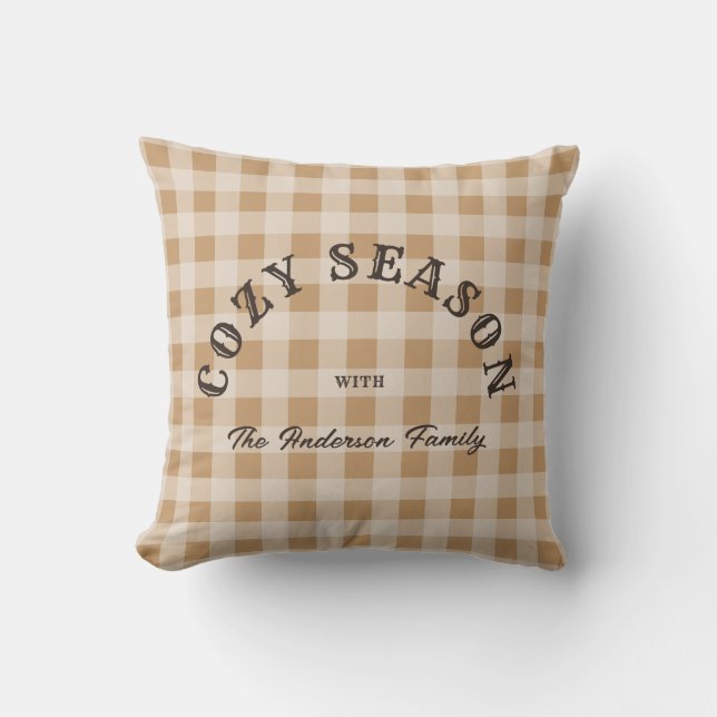 Coussin Motif Gingham Occidental Rustique Écriture Marron  (Recto)