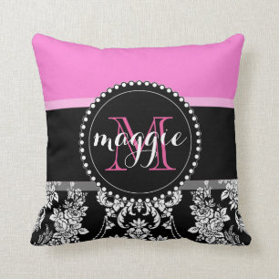 Coussin Motif Girly de monogramme de damassé noire de