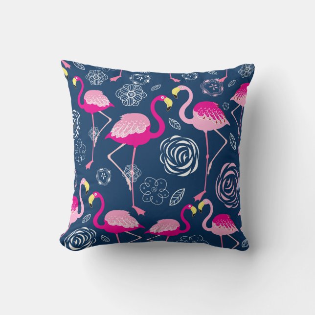 Coussin Motif graphique de flamants roses sur un bleu fonc (Recto)