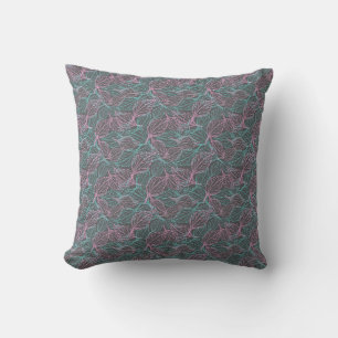 Coussin Motif gris de feuilles stylisées rose et turquoise