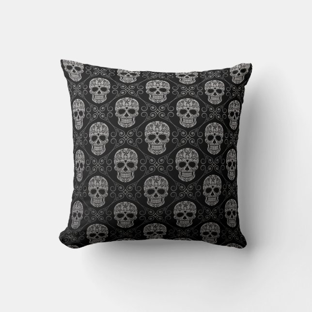 Coussin Motif gris et noir de crâne de sucre (Recto)