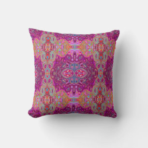 Coussin Motif Groovy Abstrait Magenta Rose, Bleu et Rouge
