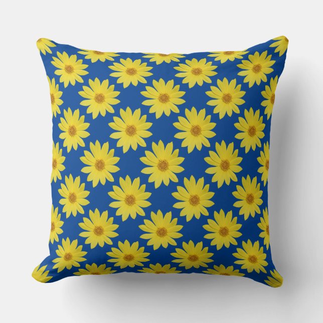 Coussin Motif Helianthus 'Lemon Queen' - Bleu Profond (Recto)