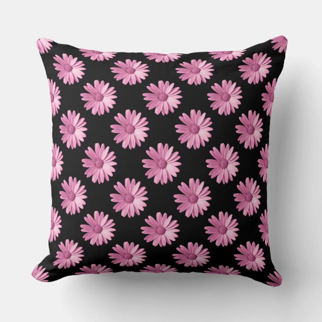 Coussin Motif marguerrier - rose sur noir (Recto)
