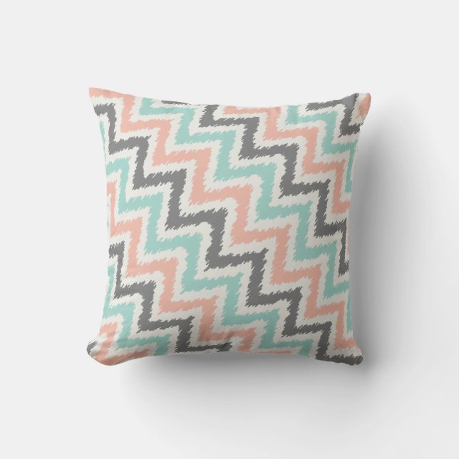 Coussin Motif Mint Gray Coral Zigzag Ikat (Recto)