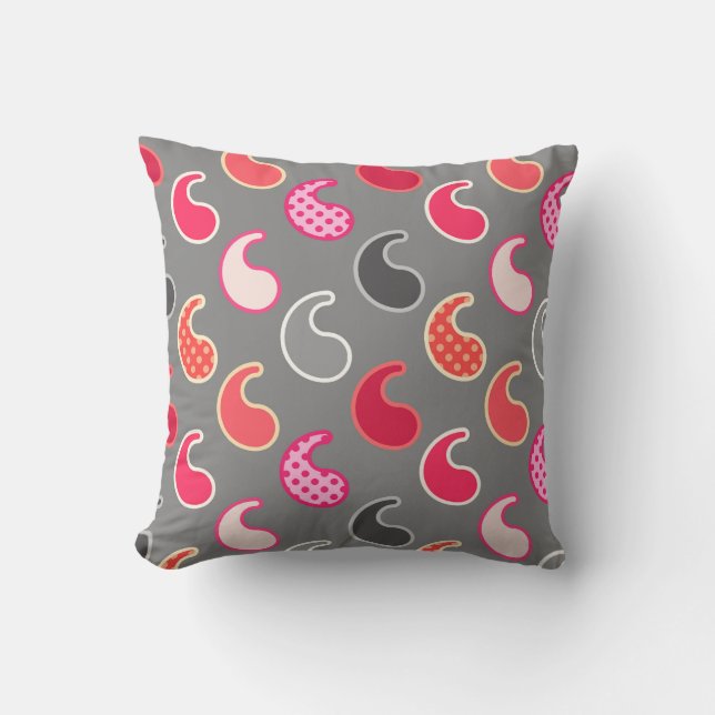 Coussin Motif moderne Paisley, Coral, rose sur gris / gris (Recto)