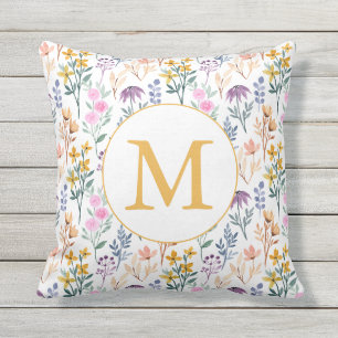 Coussin Motif monogramme aquarelle de fleurs de printemps